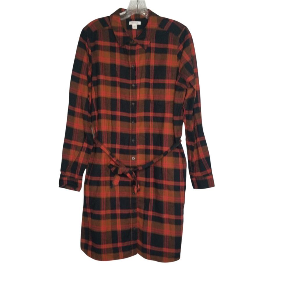 Goodthreads Flannel Shirt Dress Large Brown Orange Black Plaid Pockets Folklore